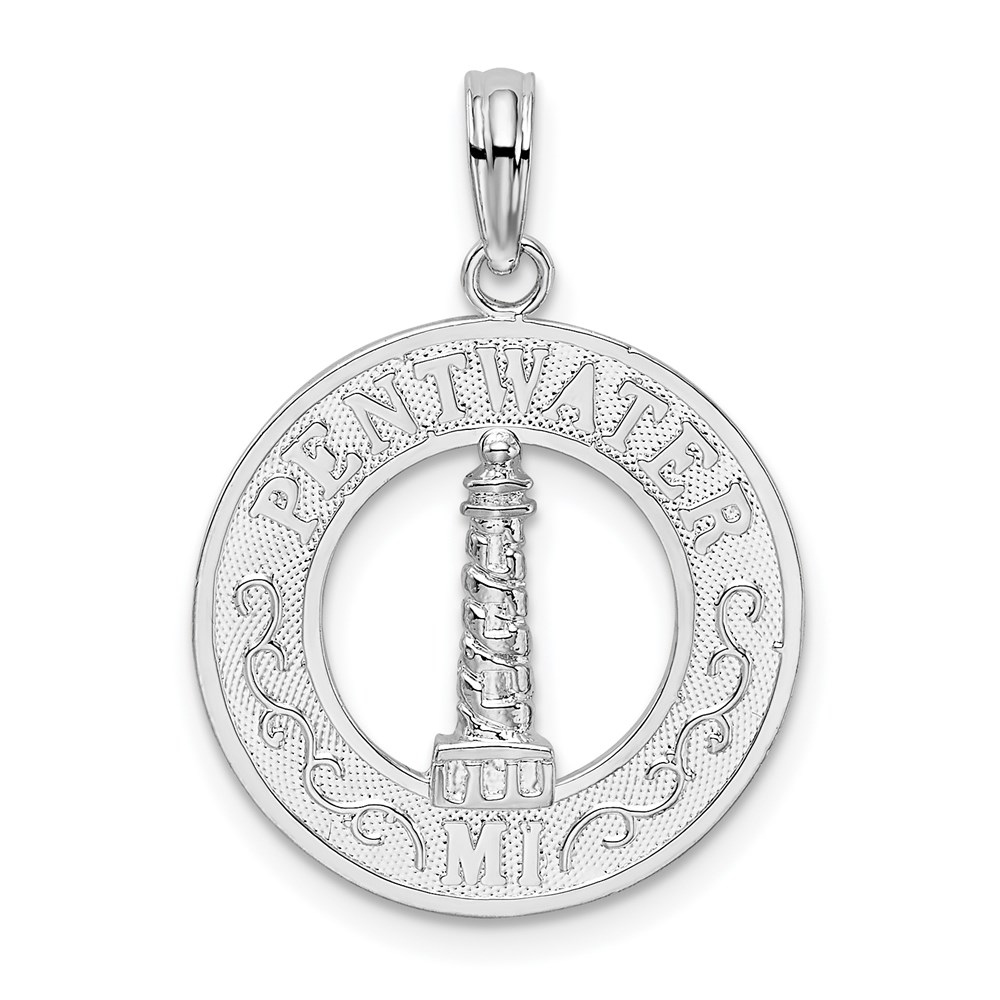 QC10311.jpg De-Ani Sterling Silver Rhodium-Plated Pentwater Michigan Circle with Lighthouse Pendant - Image 1