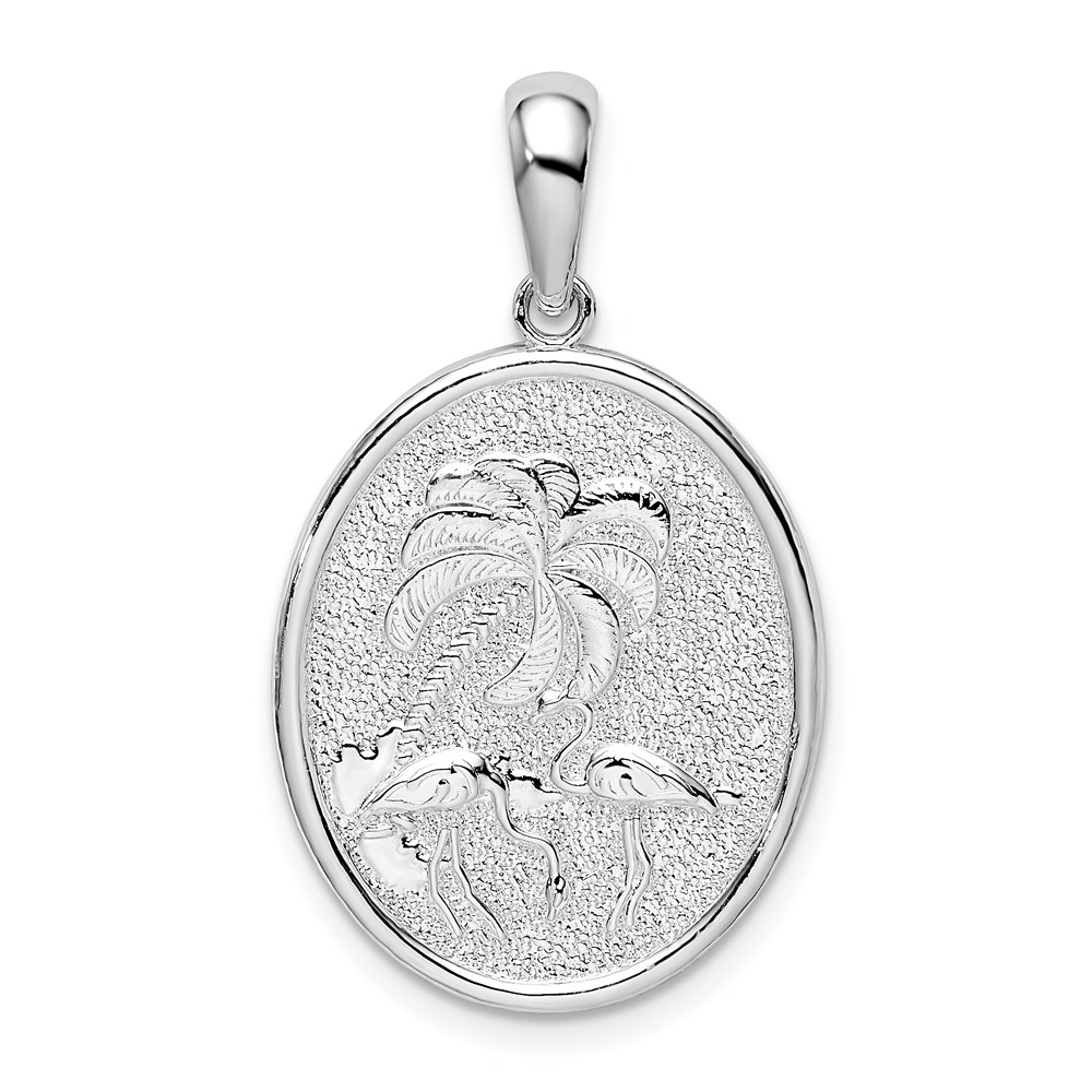 QC10358.jpg De-Ani Sterling Silver Rhodium-Plated Textured Flamingos with Palm Tree Oval Pendant - Image 1