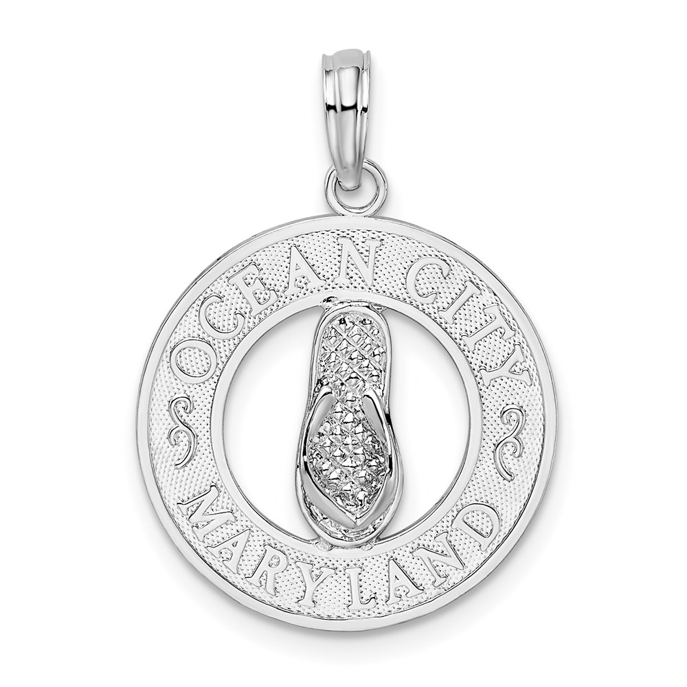 QC10383.jpg De-Ani Sterling Silver Rhodium-Plated Ocean City Maryland Circle with Flip-flop Pendant - Image 1