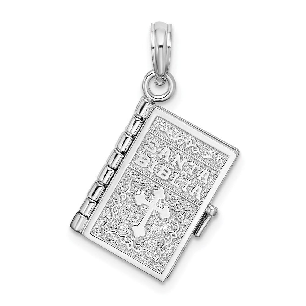 QC10417.jpg De-Ani Sterling Silver Rhodium-Plated Moveable 3D Spanish Santa Biblia Pendant - Image 1