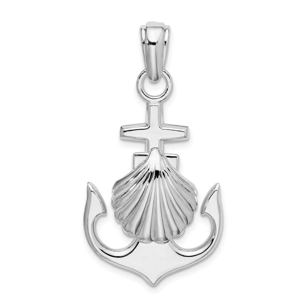 QC10440.jpg De-Ani Sterling Silver Rhodium-Plated Polished Anchor with Scallop Shell Pendant - Image 1