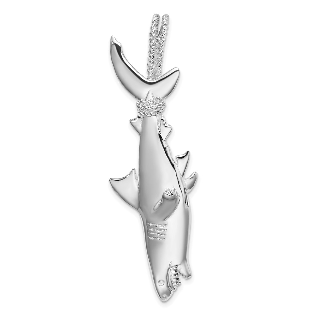 QC10449.jpg De-Ani Sterling Silver Rhodium-plated Polished 3D Shark Hanging from Rope Pendant - Image 1
