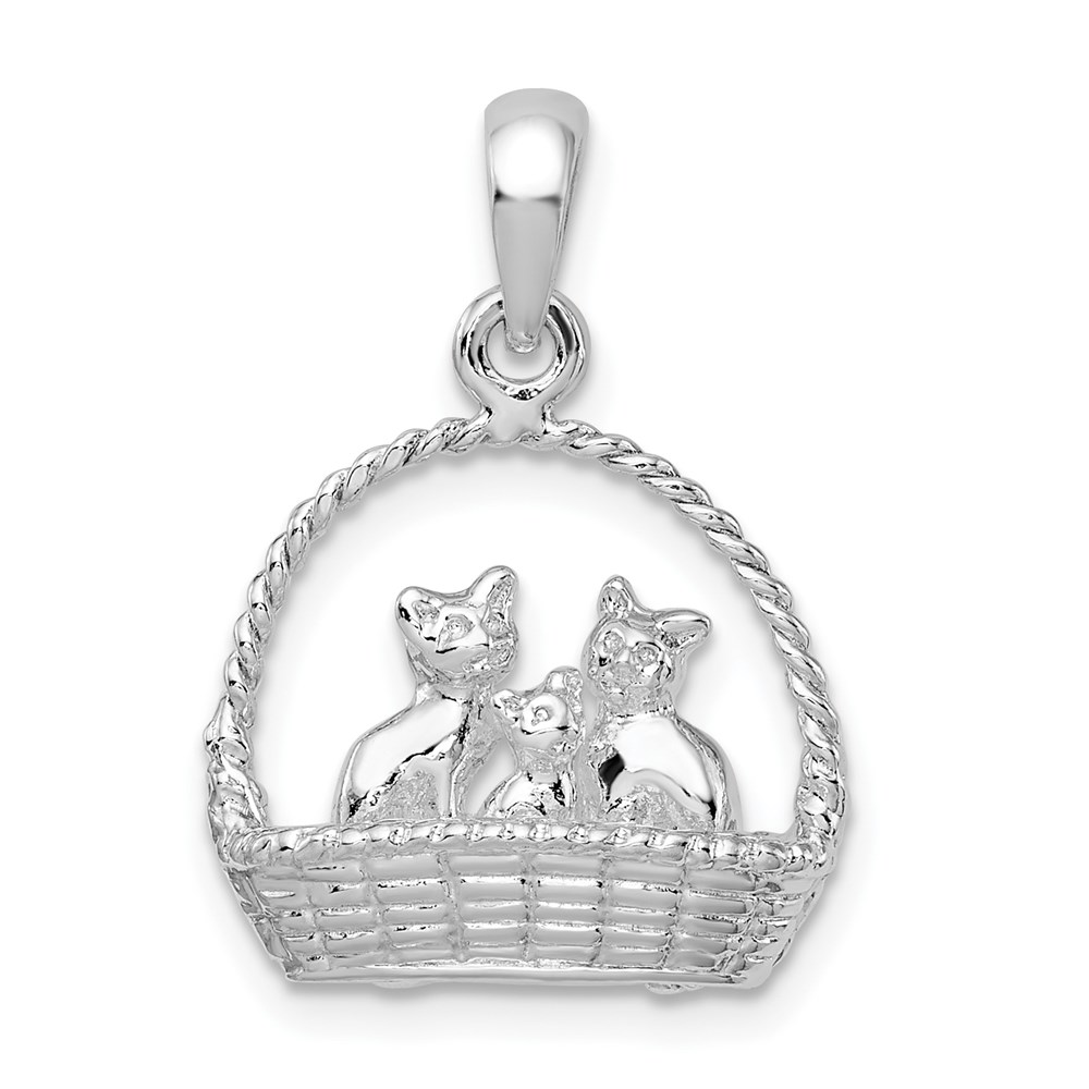 QC10465.jpg De-Ani Sterling Silver Rhodium-plated Polished 3D Kittens in Basket Pendant - Image 1