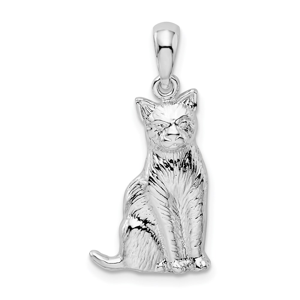 QC10466.jpg De-Ani Sterling Silver Rhodium-Plated Textured Sitting Cat Pendant - Image 1