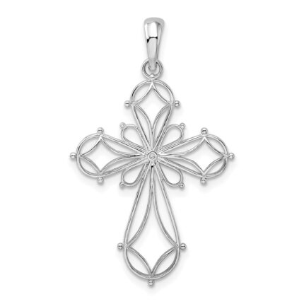 De-Ani Sterling Silver Rhodium-Plated Fancy Cut-Out Rounded Cross Pendant