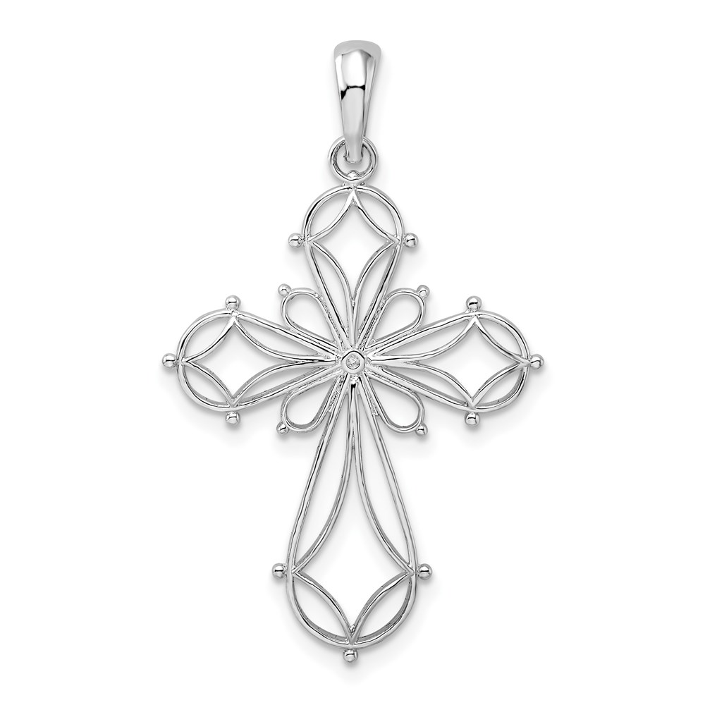 QC10472.jpg De-Ani Sterling Silver Rhodium-Plated Fancy Cut-Out Rounded Cross Pendant - Image 1