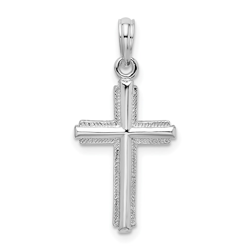QC10474.jpg De-Ani Sterling Silver Rhodium-Plated Polished Striped Border Latin Cross Pendant - Image 1