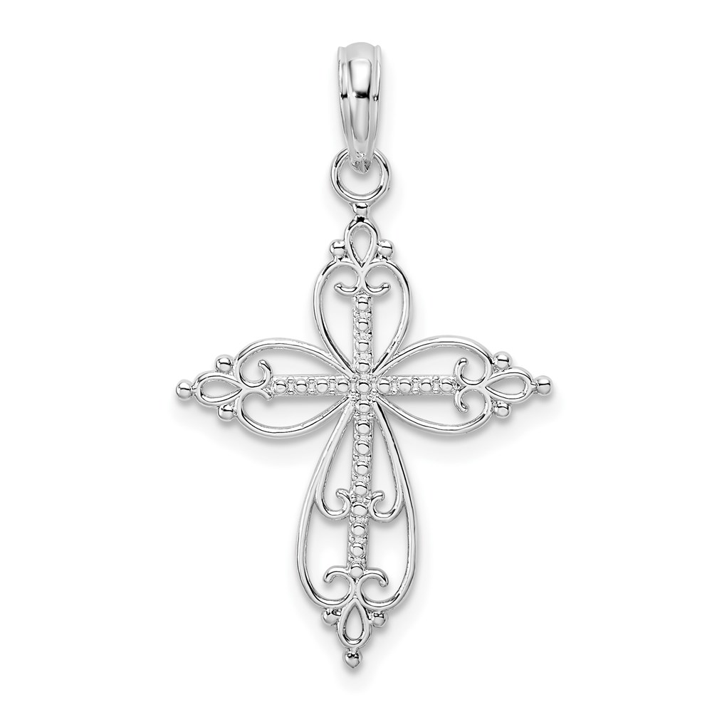 QC10478.jpg De-Ani Sterling Silver Rhodium-plated Polished Fancy Filigree with Beaded Center Cross Pendant - Image 1