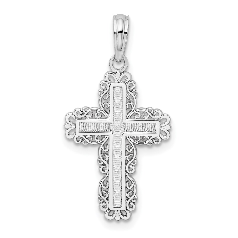 QC10479.jpg De-Ani Sterling Silver Rhodium-Plated Polished Lace Border Latin Cross Pendant - Image 1