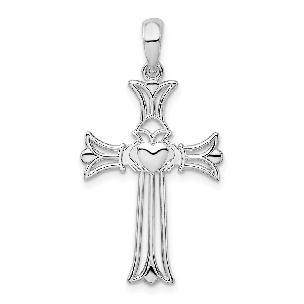 QC10543.jpg De-Ani Sterling Silver Rhodium-Plated Polished Cut-Out Claddagh Cross Pendant - Image 1
