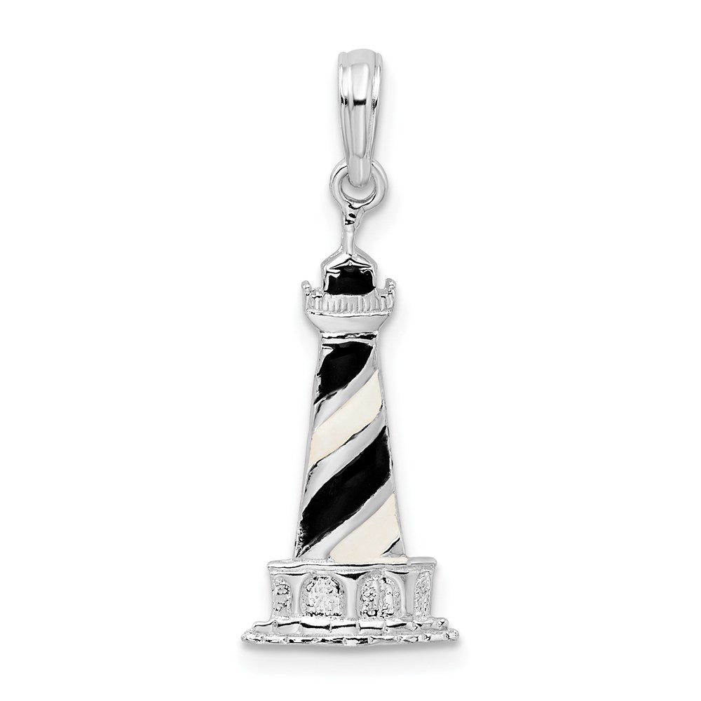 QC10629.jpg De-Ani Sterling Silver Rhodium-Plated Enameled Cape Hatteras Lighthouse Pendant - Image 1