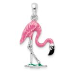 De-Ani Sterling Silver Rhodium-Plated Polished 3D Pink Flamingo Pendant - Image 4