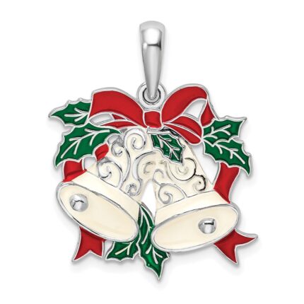De-Ani Sterling Silver Rhodium-Plated Polished Enameled Bells and Holly Pendant