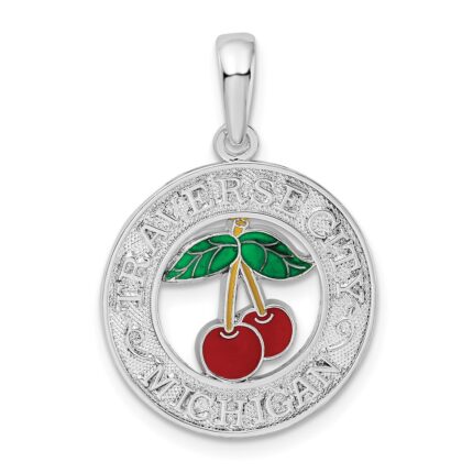 De-Ani Sterling Silver Rhodium-Plated Enameled Traverse City Michigan with Cherry Pendant