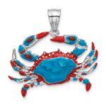 De-Ani Sterling Silver Rhodium-Plated Polished Enameled Blue Crab Pendant