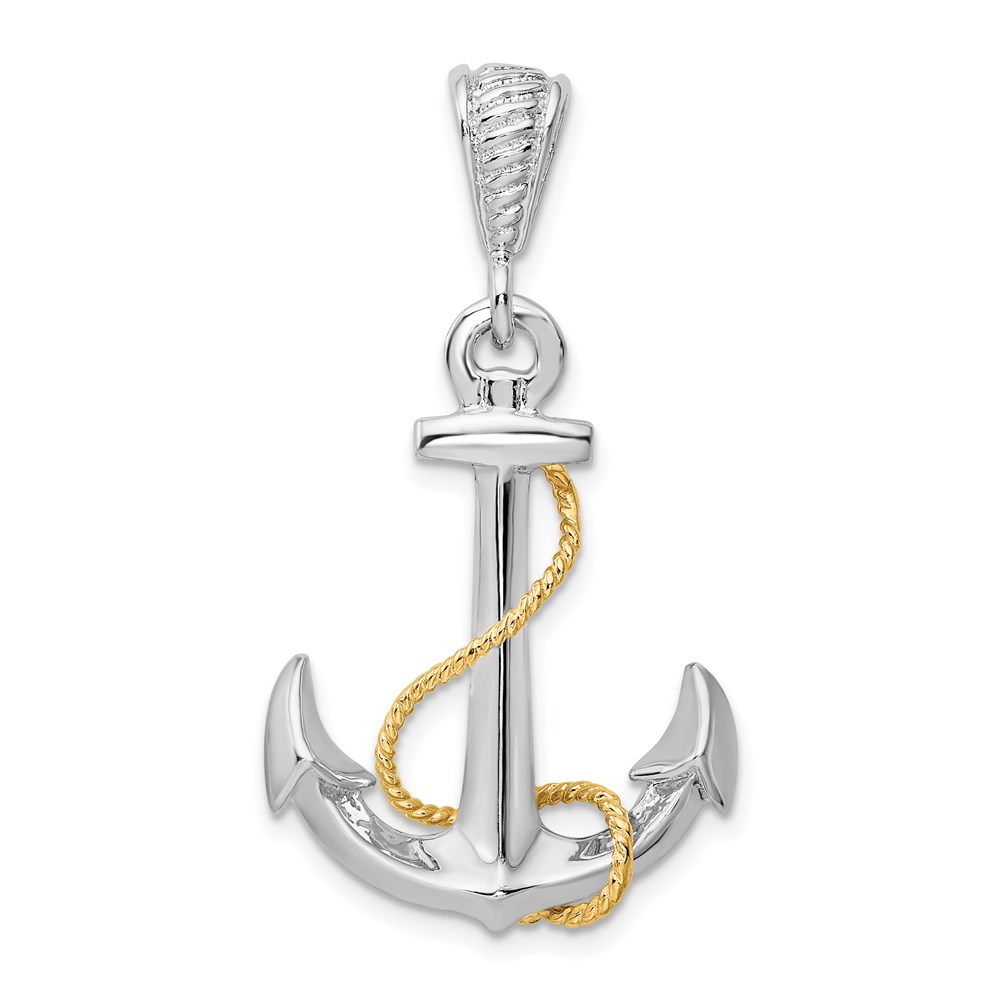 QC10741G.jpg De-Ani Sterling Silver Rhodium-Plated Polished 3D Anchor with 14k Rope Pendant - Image 1