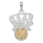 De-Ani Sterling Silver Rhodium-Plated Polished Net with 14k Basketball Pendant - Image 3