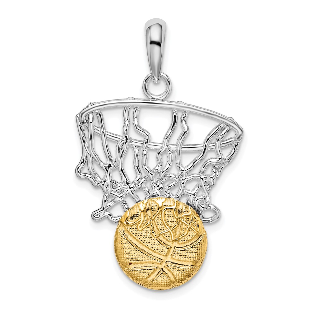 QC10882G.jpg De-Ani Sterling Silver Rhodium-Plated Polished Net with 14k Basketball Pendant - Image 1