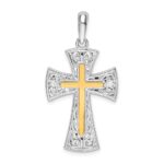 De-Ani Sterling Silver Rhodium-Plated Polished Fancy Cross with 14k Accent Pendant