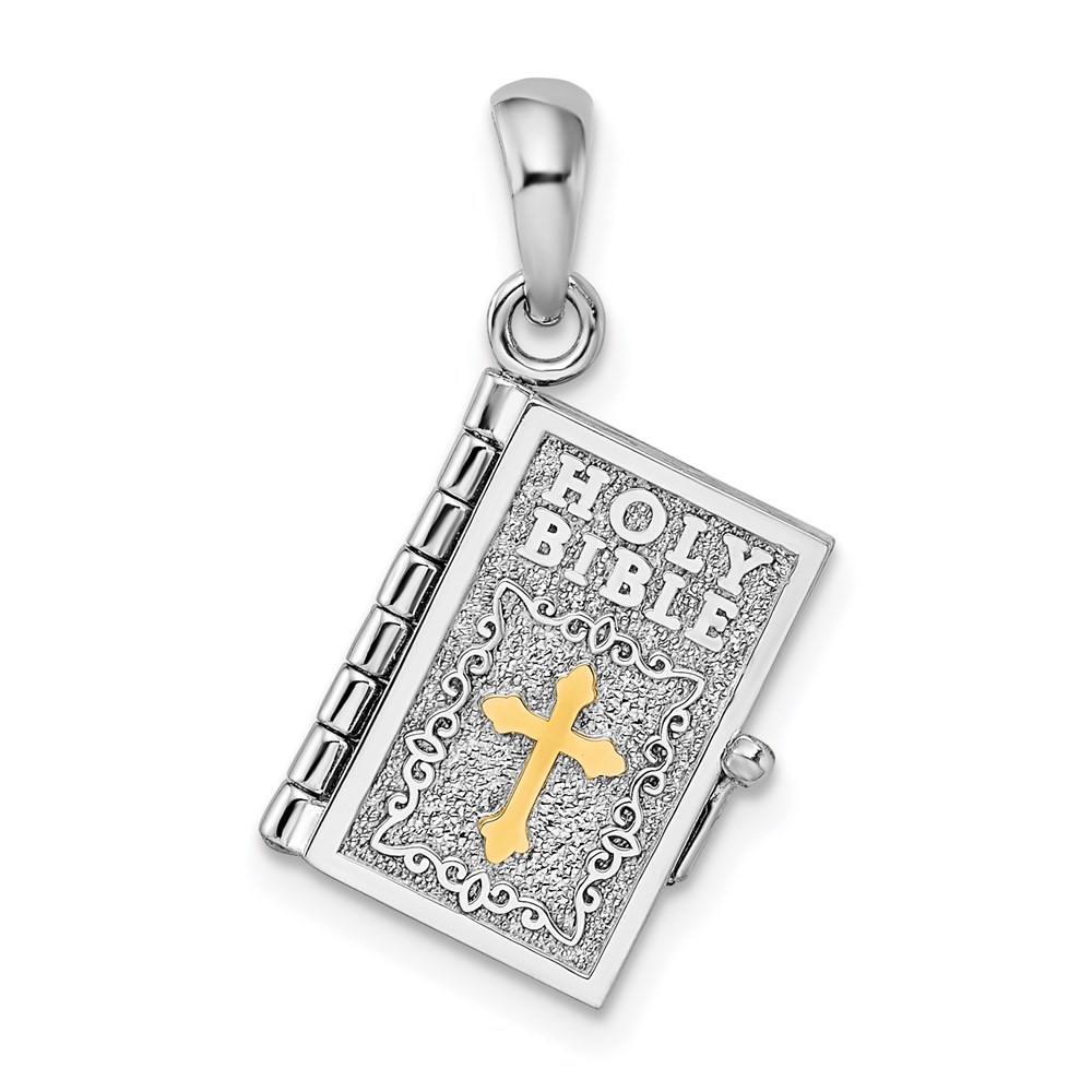 QC10910G.jpg De-Ani Sterling Silver Rhodium-Plated 3D Lords Prayer Holy Bible with 14k Pendant - Image 1