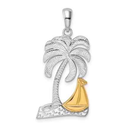 De-Ani Sterling Silver Rhodium-Plated Polished Palm Tree with 14k Sailboat Pendant