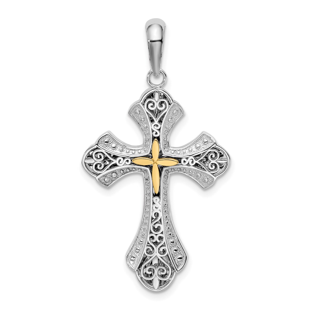 QC10915G.jpg De-Ani Sterling Silver Rhodium-Plated Filigree Budded Cross with 14k Accent Pendant - Image 1