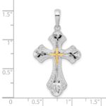De-Ani Sterling Silver Rhodium-Plated Diamond-Cut Budded Cross with 14k Accent Pendant - Image 3