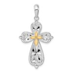 De-Ani Sterling Silver Rhodium-Plated Diamond-Cut Rounded Cross with 14k Accent Pendant