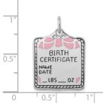 SS Rh-plt Pink Birth Certificate Polished Front/Satin Back Charm - Image 4