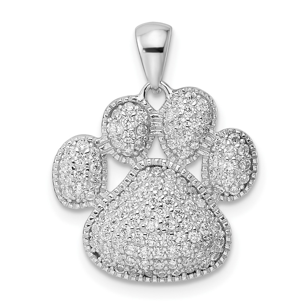 QC11063.jpg Sterling Silver Rhodium-plated Polished CZ Paw Print Pendant - Image 1