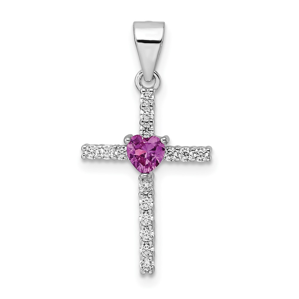 QC11153.jpg Sterling Silver Rhodium-plated Pink CZ Heart and Clear CZ Cross Pendant - Image 1