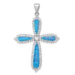Sterling Silver RH-plated Blue Created Opal & CZ Border Cross Pendant