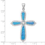 Sterling Silver RH-plated Blue Created Opal & CZ Border Cross Pendant - Image 3