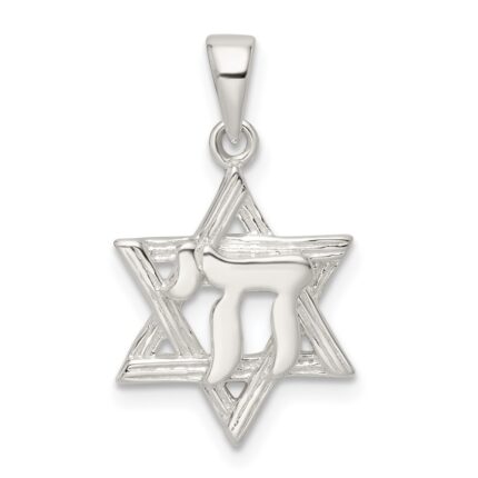 Sterling Silver Polished and D/C Star of David w/Chai Pendant