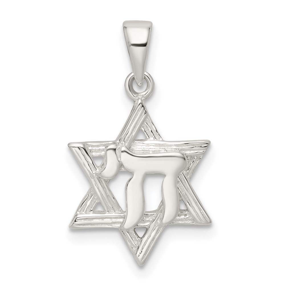 QC11235.jpg Sterling Silver Polished and D/C Star of David w/Chai Pendant - Image 1