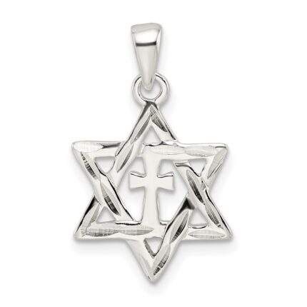Sterling Silver Polished and D/C Star of David w/Cross Pendant