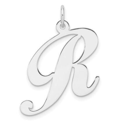 Large Sterling Silver Rhodium-plated Fancy Script Letter R Initial Charm