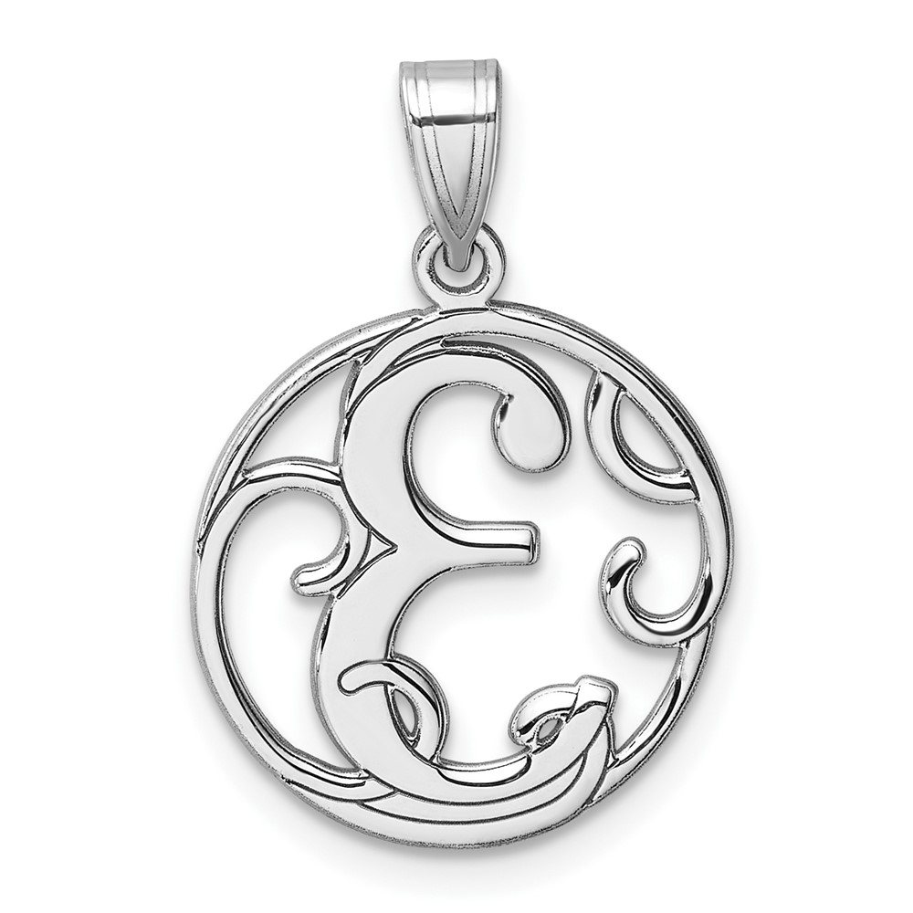 QC11257E.jpg Small Sterling Silver Rhodium-plated Fancy Script Letter E Initial Pendant - Image 1