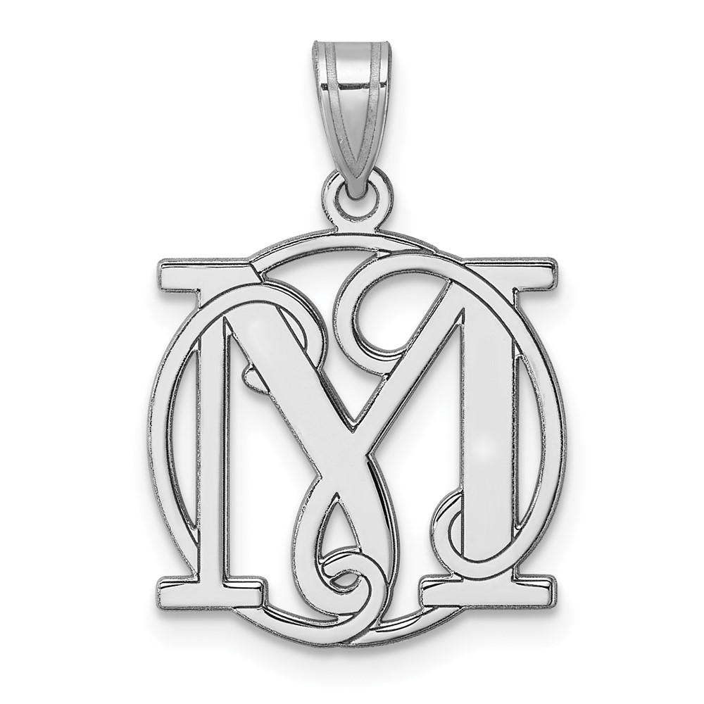 QC11257M.jpg Small Sterling Silver Rhodium-plated Fancy Script Letter M Initial Pendant - Image 1