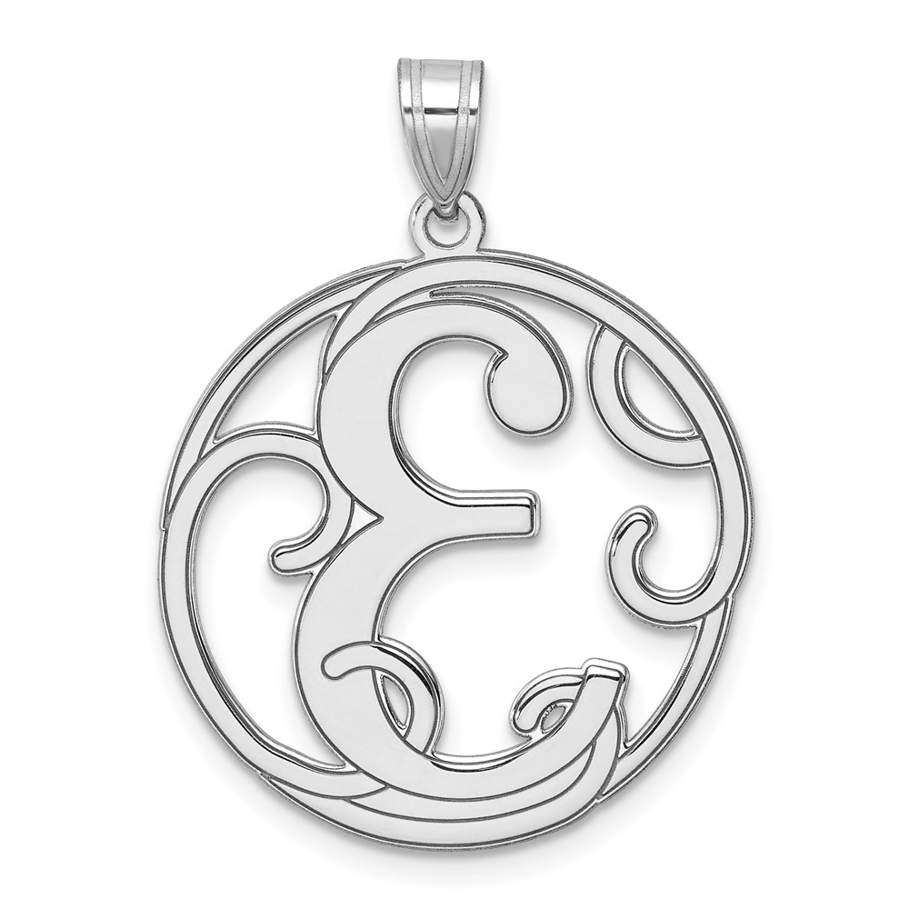 QC11258E.jpg Large Sterling Silver Rhodium-plated Fancy Script Letter E Initial Pendant - Image 1