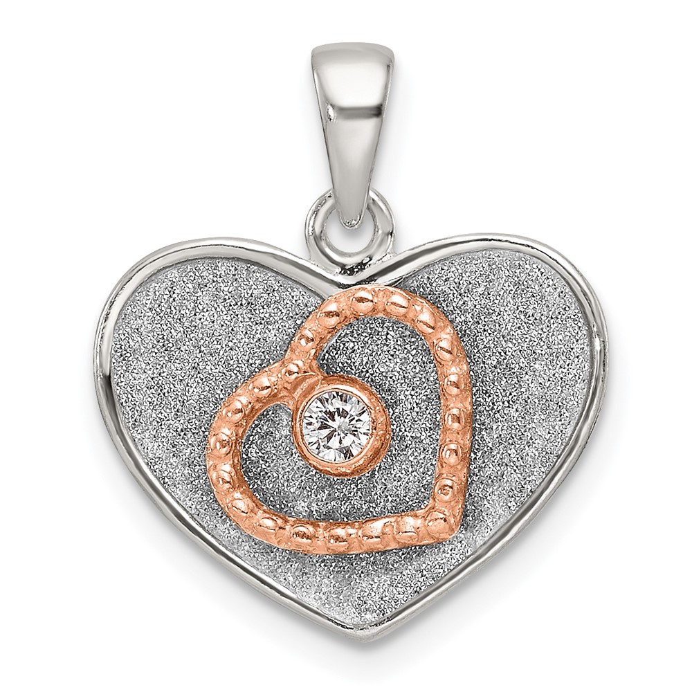 QC11285.jpg Sterling Silver Rose-tone Polished and Glitter Fabric CZ Heart Pendant - Image 1