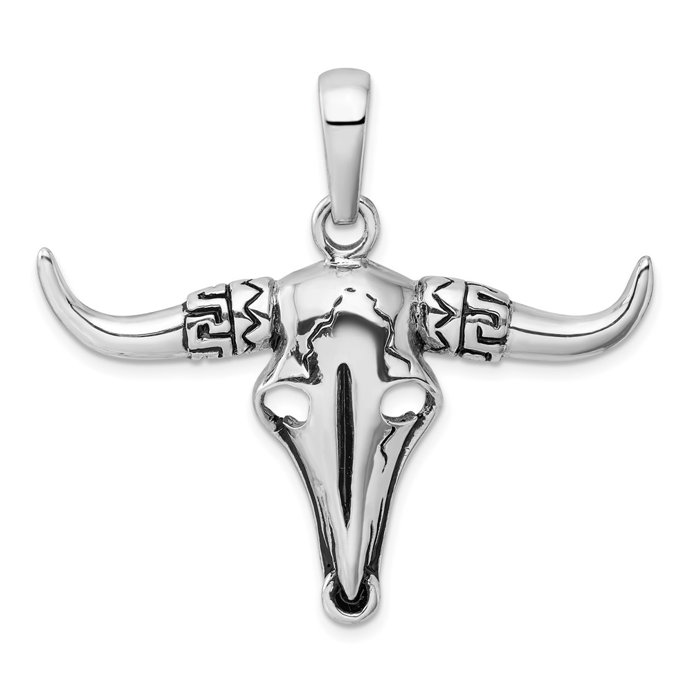 QC11347.jpg Sterling Silver Rhodium-plated Antiqued Bull Skull Pendant - Image 1