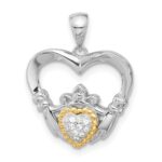 Sterling Silver w/ 14k accent Rhodium-plated CZ Heart Claddagh Pendant
