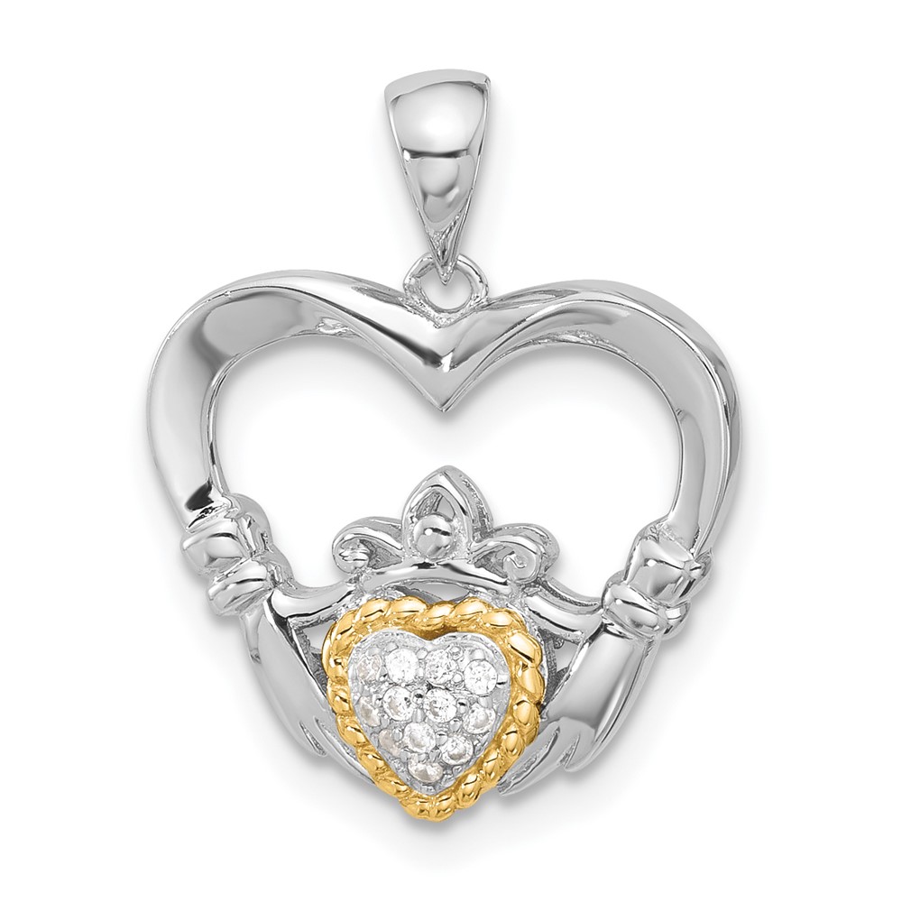 QC11351.jpg Sterling Silver w/ 14k accent Rhodium-plated CZ Heart Claddagh Pendant - Image 1