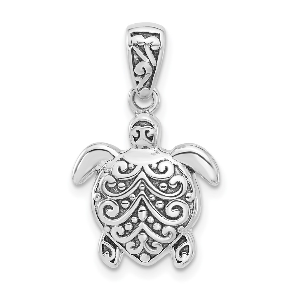 QC11369.jpg Sterling Silver Rhodium-plated Oxidized Sea Turtle Pendant - Image 1