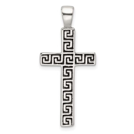 Sterling Silver Polished and Antiqued Greek Key Latin Cross Pendant