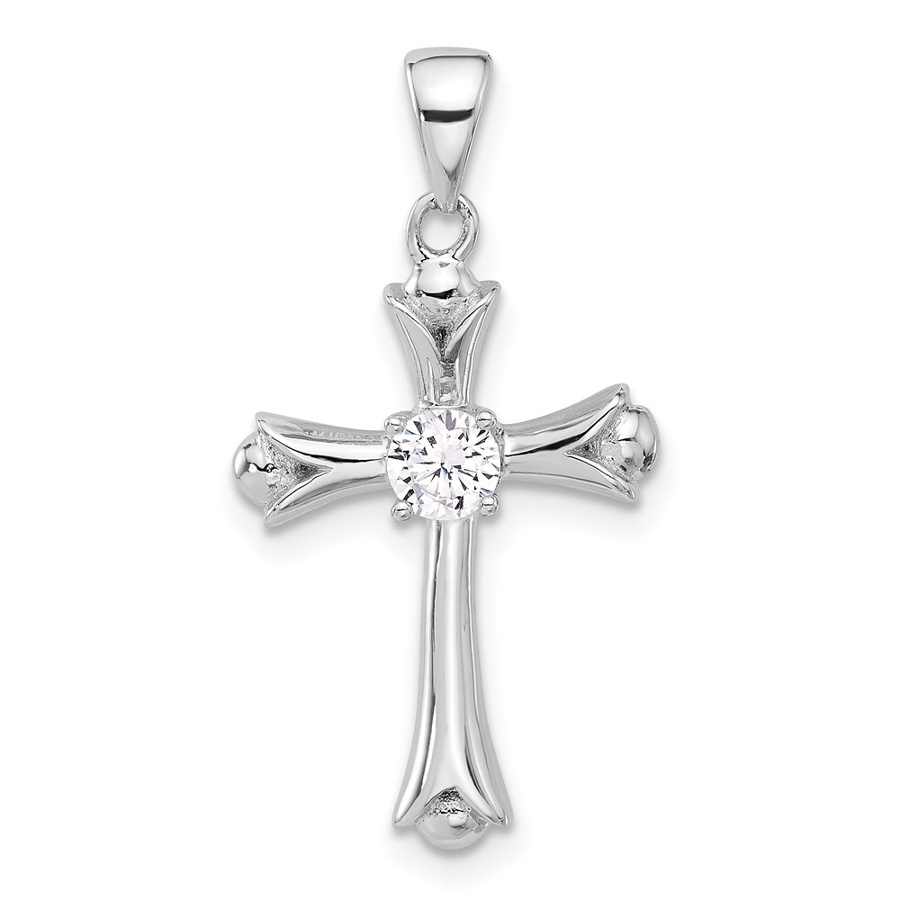 QC11414.jpg Sterling Silver Rhodium-plated CZ Budded Cross Pendant - Image 1