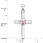 Sterling Silver Rhodium-plated Pink Heart CZ Cross Pendant - Image 4