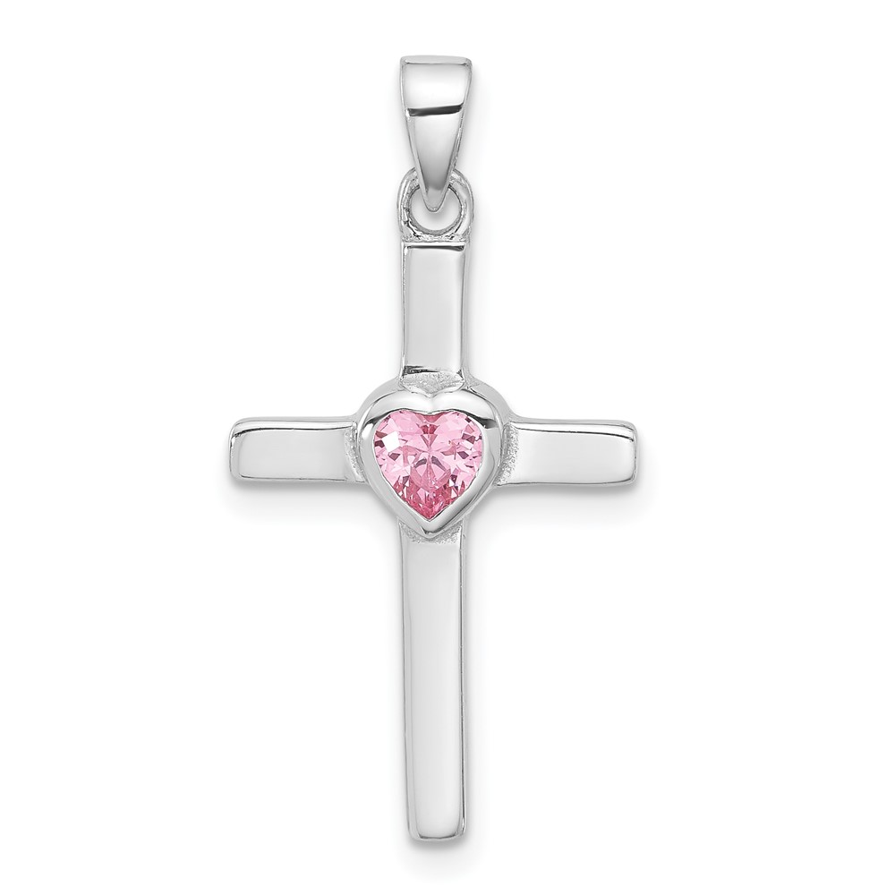 QC11441.jpg Sterling Silver Rhodium-plated Pink Heart CZ Cross Pendant - Image 1