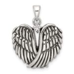 Sterling Silver Polished and Antiqued CZ Angel Wing Heart Pendant